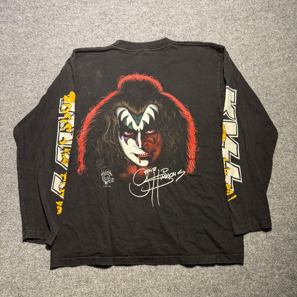 Vintage KISS Gene Simmons Long Sleeve Shirt Rocks the World Black Large - Picture 3 of 5